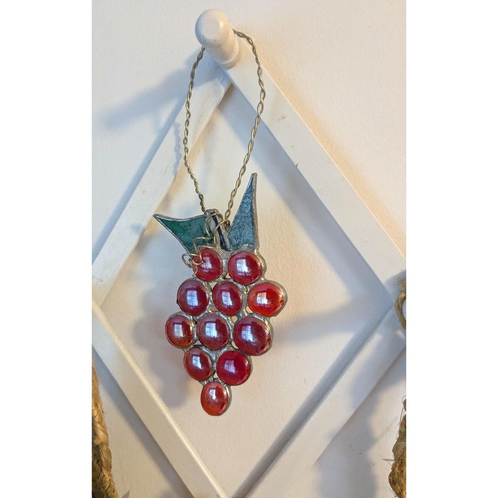 Vintage Stained Glass Grape Suncatcher, Red Glass Grapes Wall Hanging